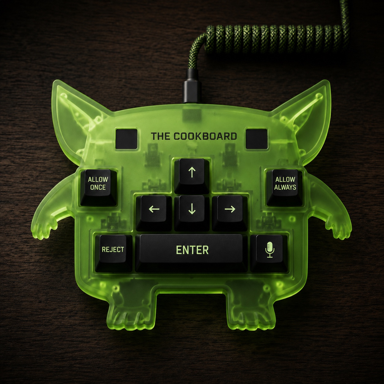 The Cook Board Goblin Edition top-down — goblin silhouette and 8 keys
