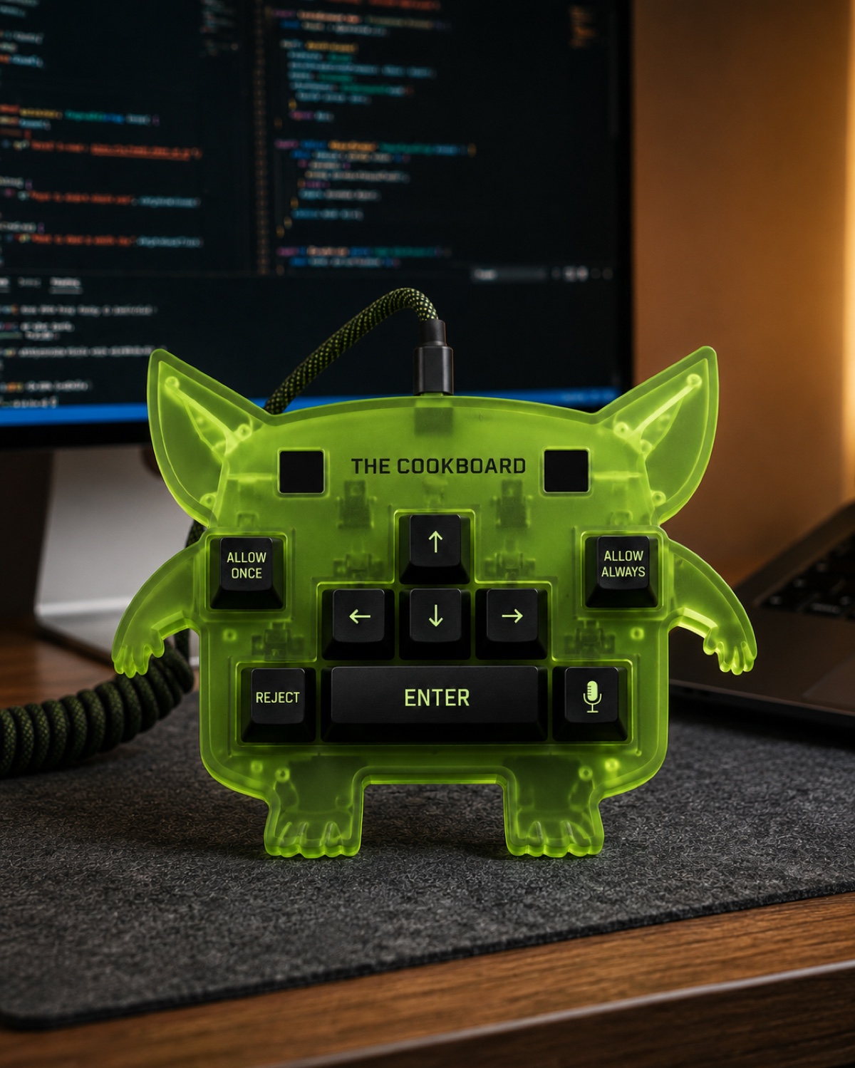 The Cook Board Goblin Edition standing on a desk in front of a code editor